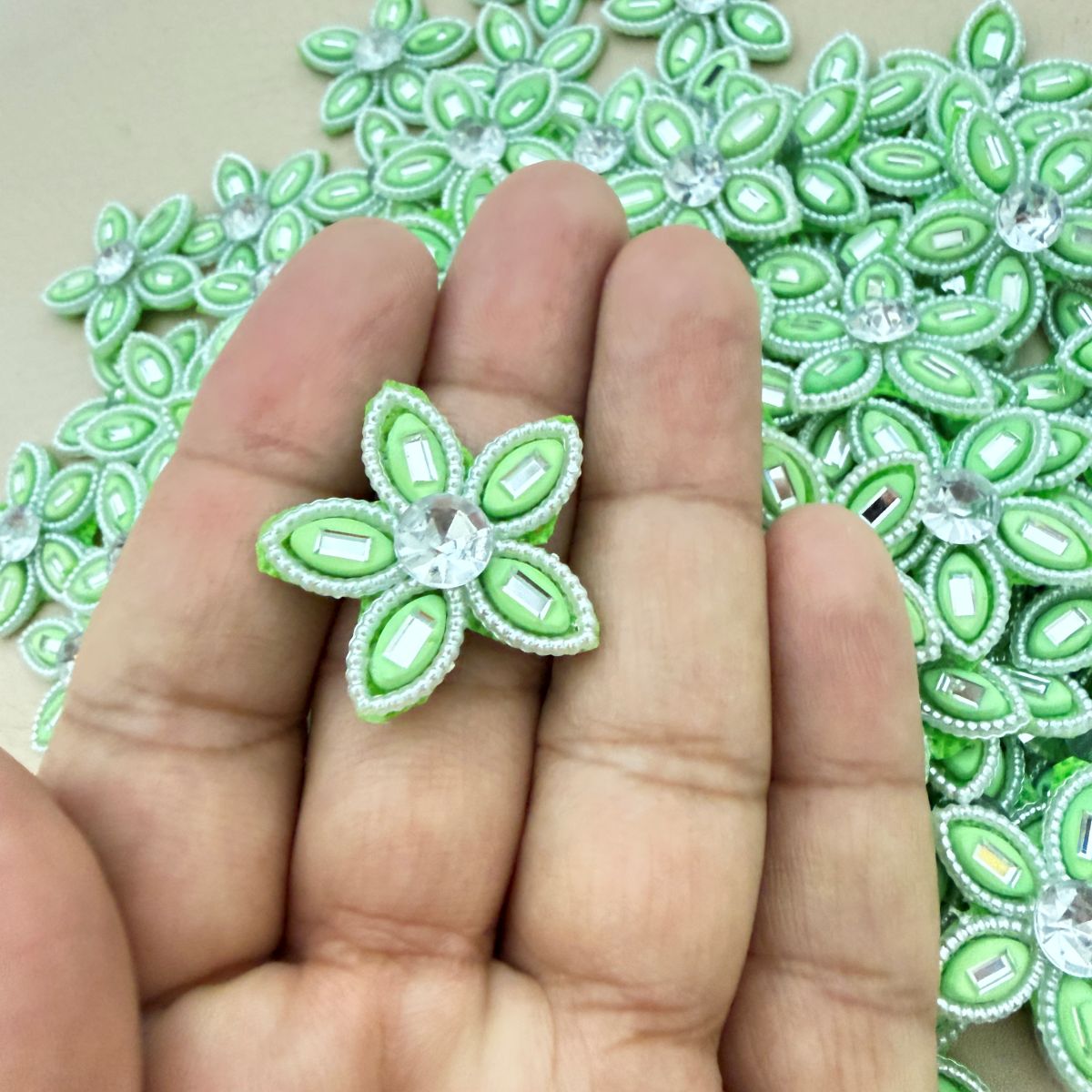 Green Rhinestone Flower Patch – Pack of 25 | Crystal Centre Bead Embellishment