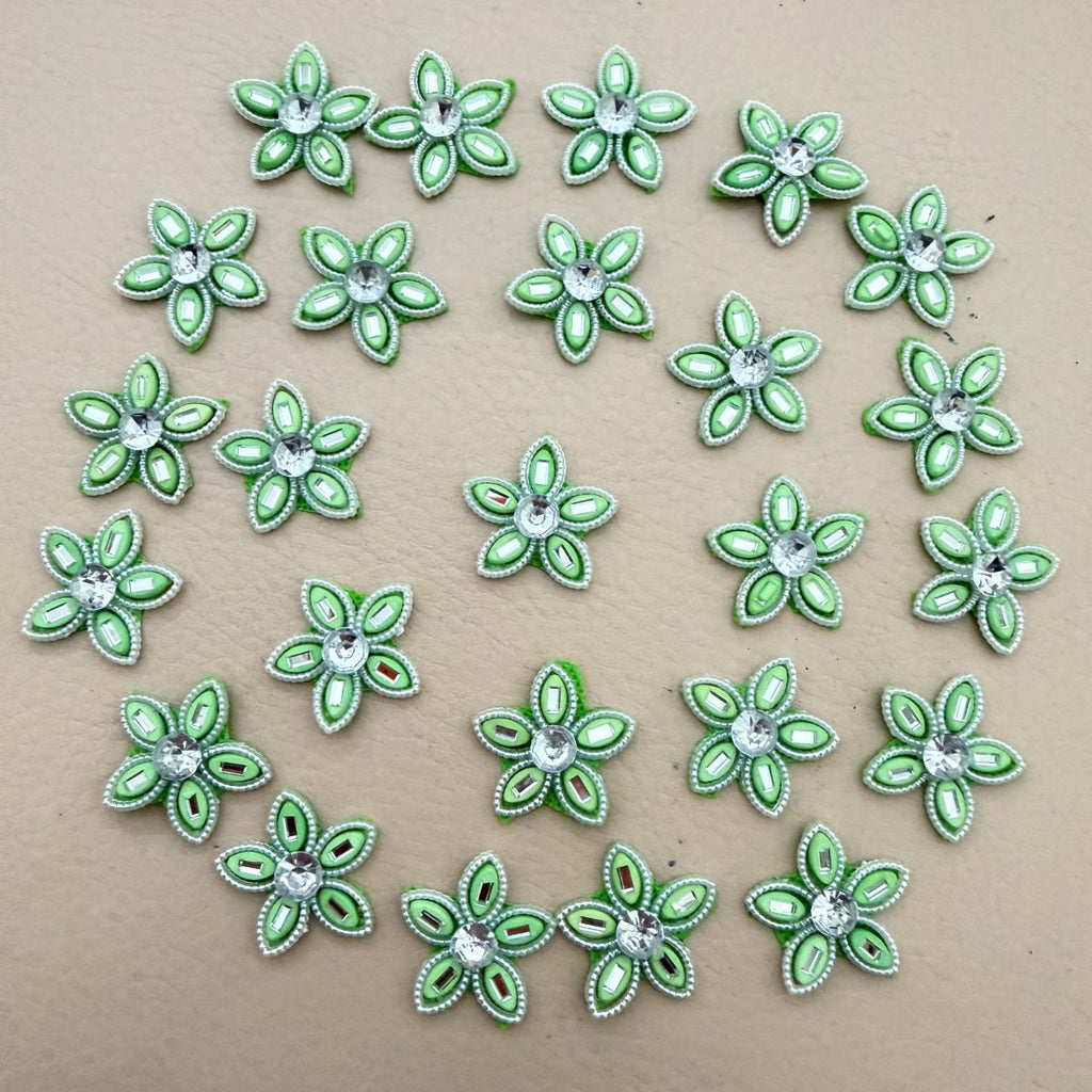 Green Rhinestone Flower Patch – Pack of 25 | Crystal Centre Bead Embellishment