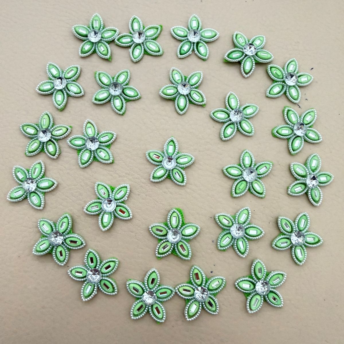 Green Rhinestone Flower Patch – Pack of 25 | Crystal Centre Bead Embellishment