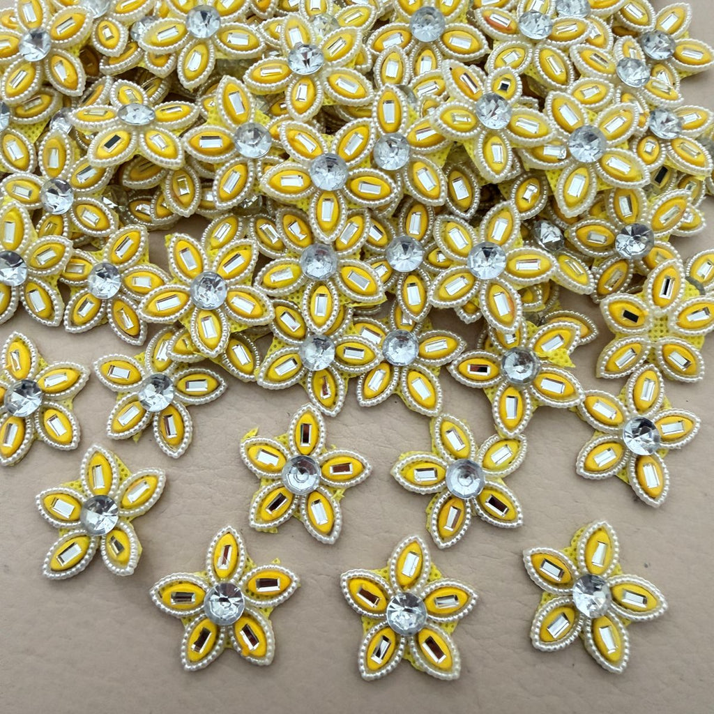 Yellow Rhinestone Flower Patch  Crystal Centre Bead Embellishment Pack of 25