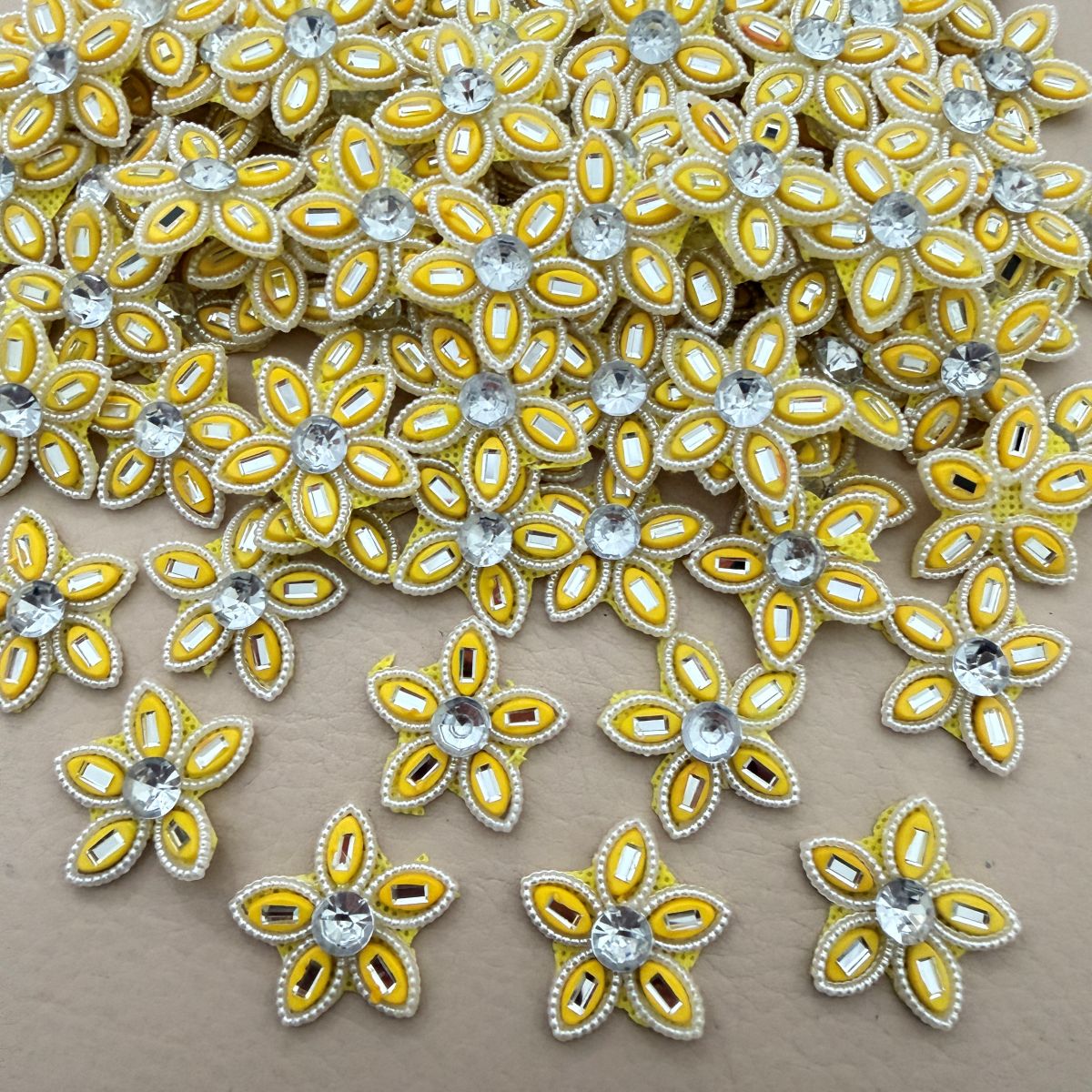 Yellow Rhinestone Flower Patch  Crystal Centre Bead Embellishment Pack of 25