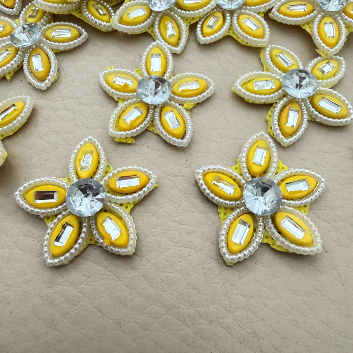 Yellow Rhinestone Flower Patch  Crystal Centre Bead Embellishment Pack of 25