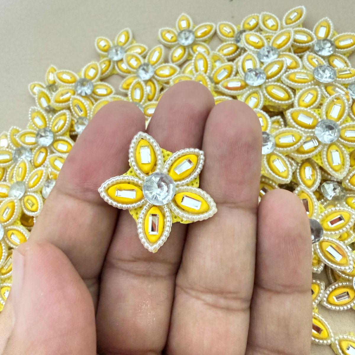Yellow Rhinestone Flower Patch  Crystal Centre Bead Embellishment Pack of 25