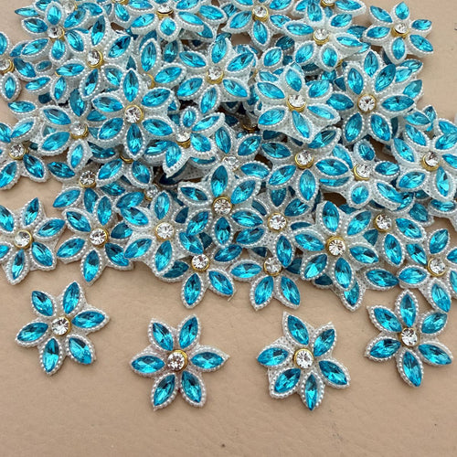 Blue Rhinestone Flower Appliques Patches DIY Craft Supplies - Pack of 25
