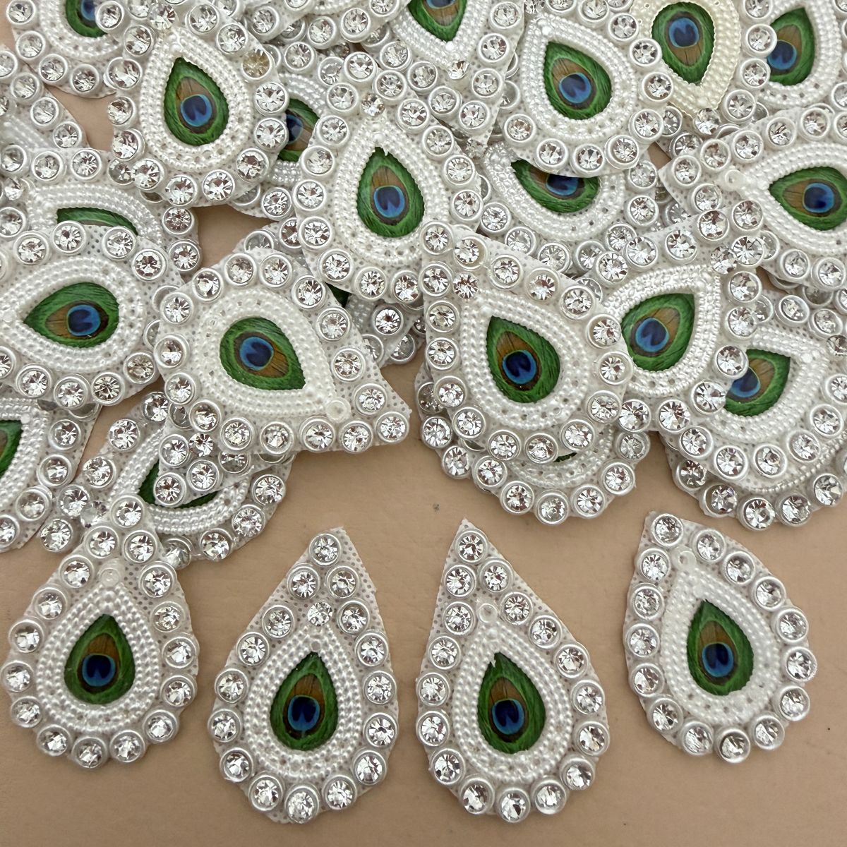 Peacock Feather Pearl & Rhinestone Teardrop Patch