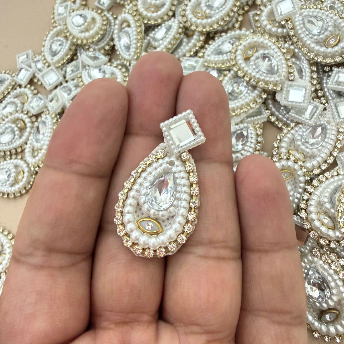 Pearl & Crystal Rhinestone Teardrop Applique Patch – Pack of 25