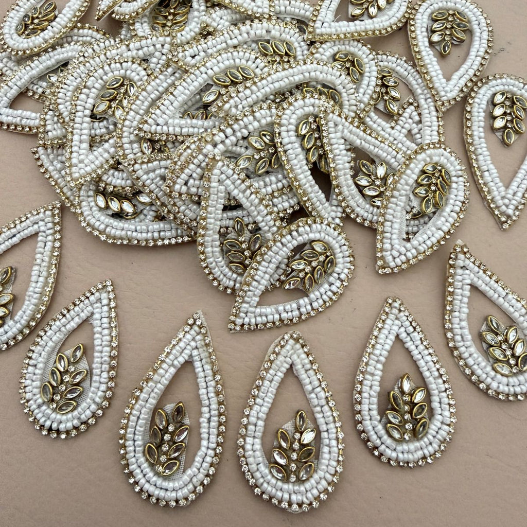 White Beaded Rhinestone Teardrop Applique Patch – Pack of 5