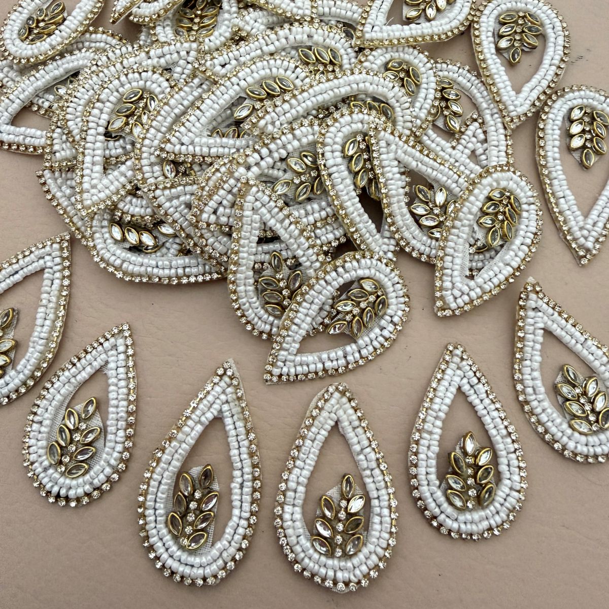 White Beaded Rhinestone Teardrop Applique Patch – Pack of 5