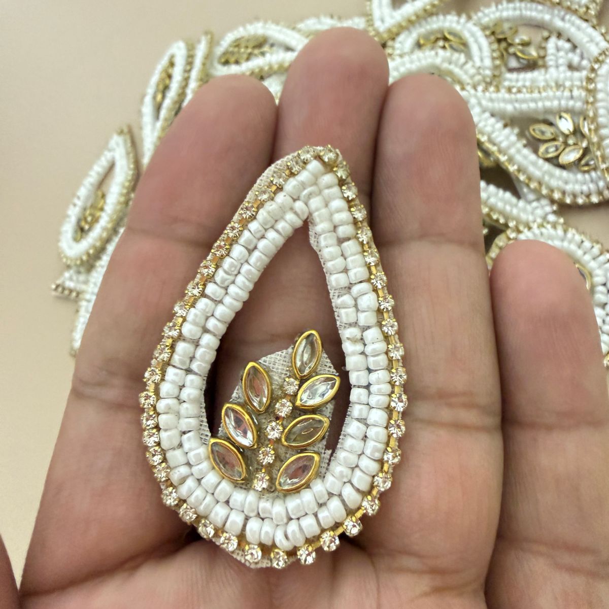 White Beaded Rhinestone Teardrop Applique Patch – Pack of 5
