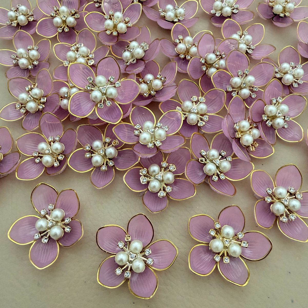 Pink with Gold Floral Pearl Applique Patches – Pack of 10