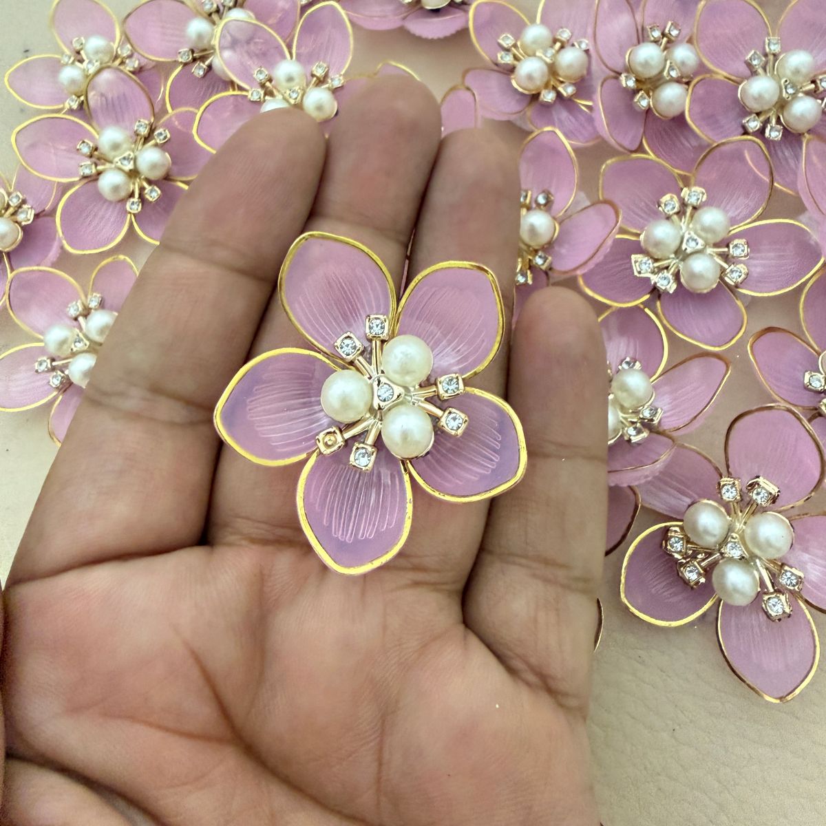 Pink with Gold Floral Pearl Applique Patches – Pack of 10