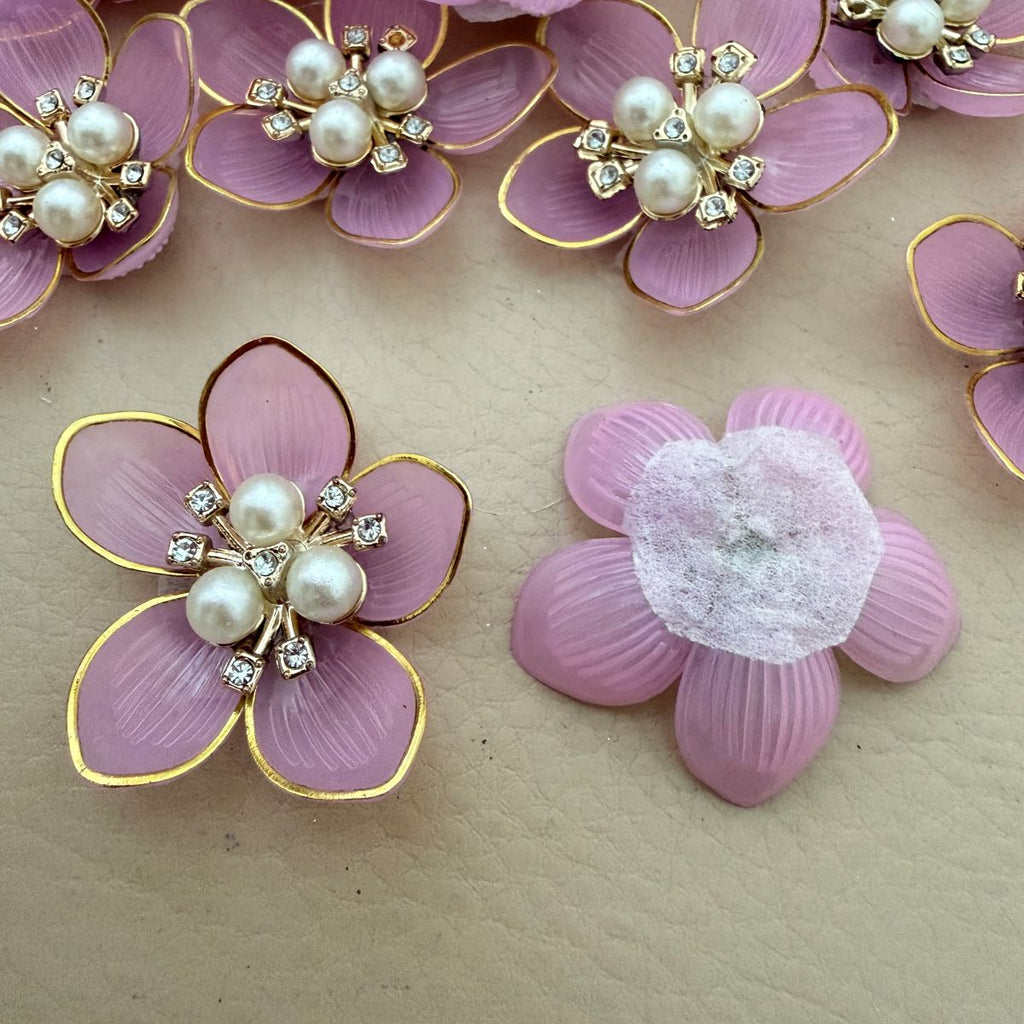 Pink with Gold Floral Pearl Applique Patches – Pack of 10