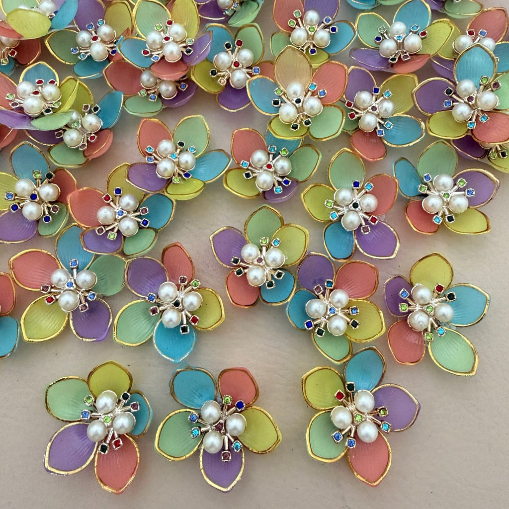 Multicolour Pastel Enamel Floral Pearl Applique Patches – Pack of 10