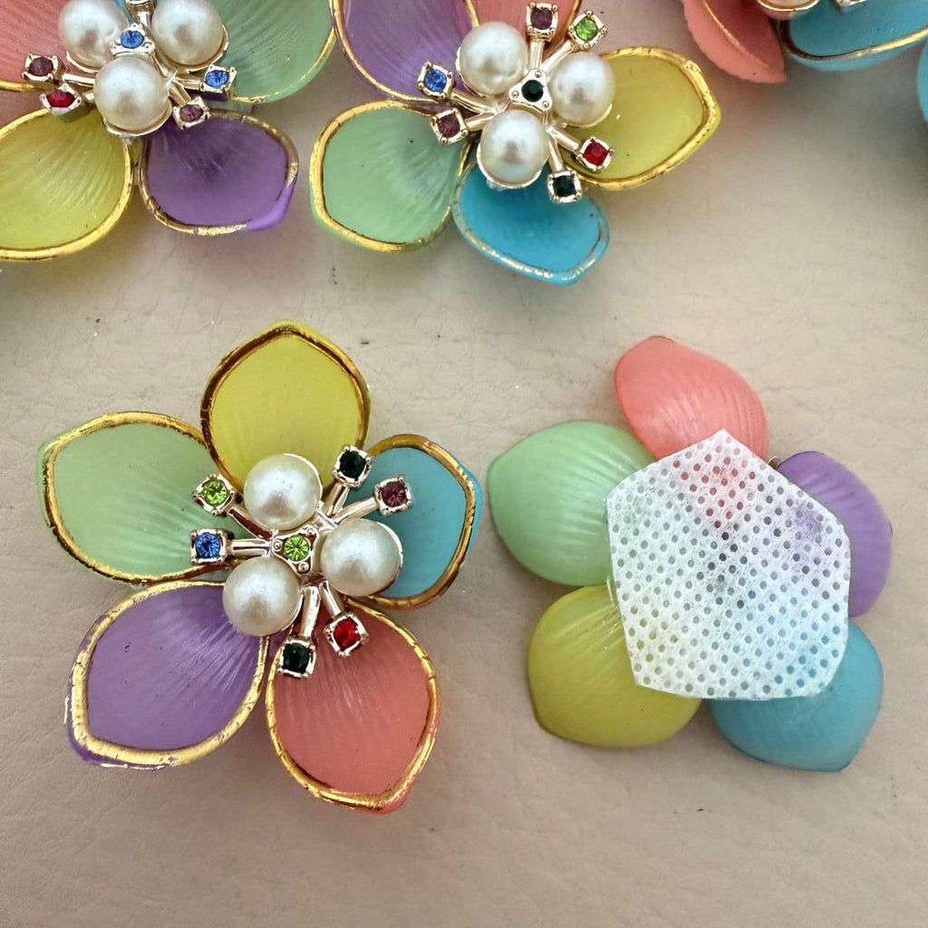 Multicolour Pastel Enamel Floral Pearl Applique Patches – Pack of 10