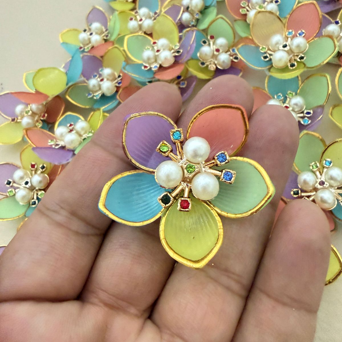 Multicolour Pastel Enamel Floral Pearl Applique Patches – Pack of 10