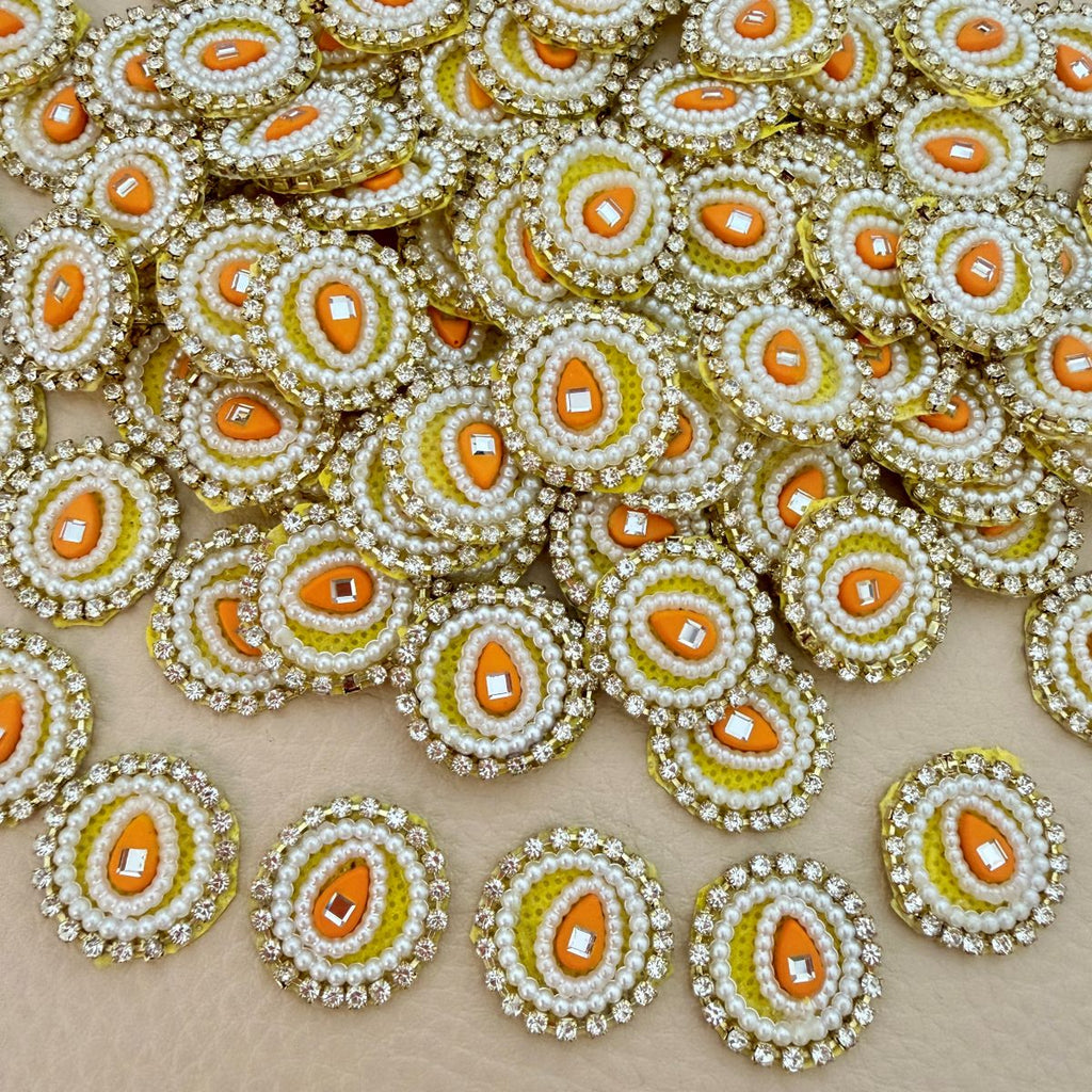 Handmade Round Pearl & Rhinestone Motifs Patch – Orange – Pack of 25