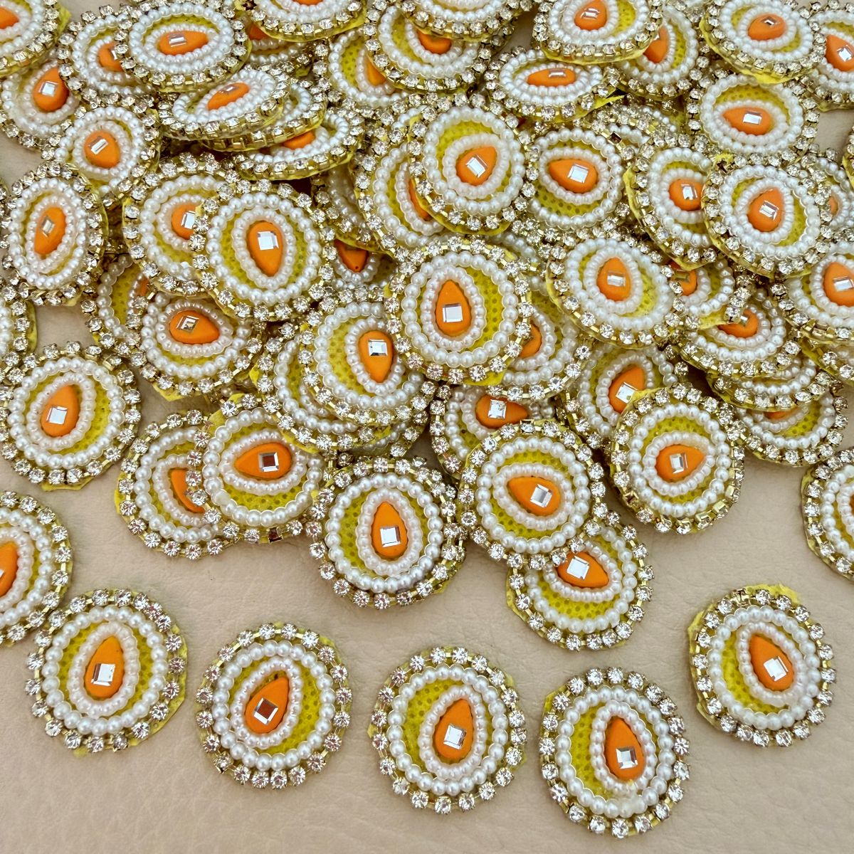 Handmade Round Pearl & Rhinestone Motifs Patch – Orange – Pack of 25
