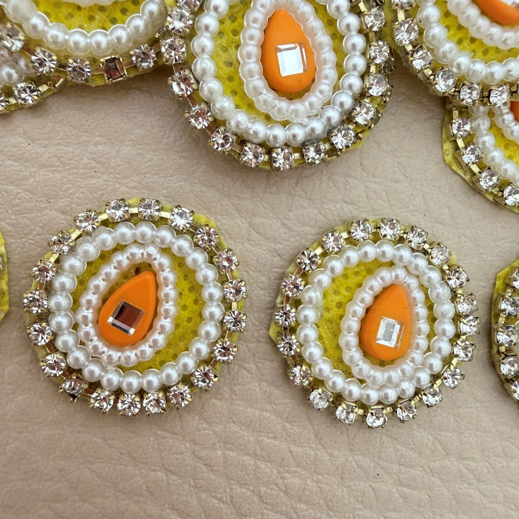 Handmade Round Pearl & Rhinestone Motifs Patch – Orange – Pack of 25