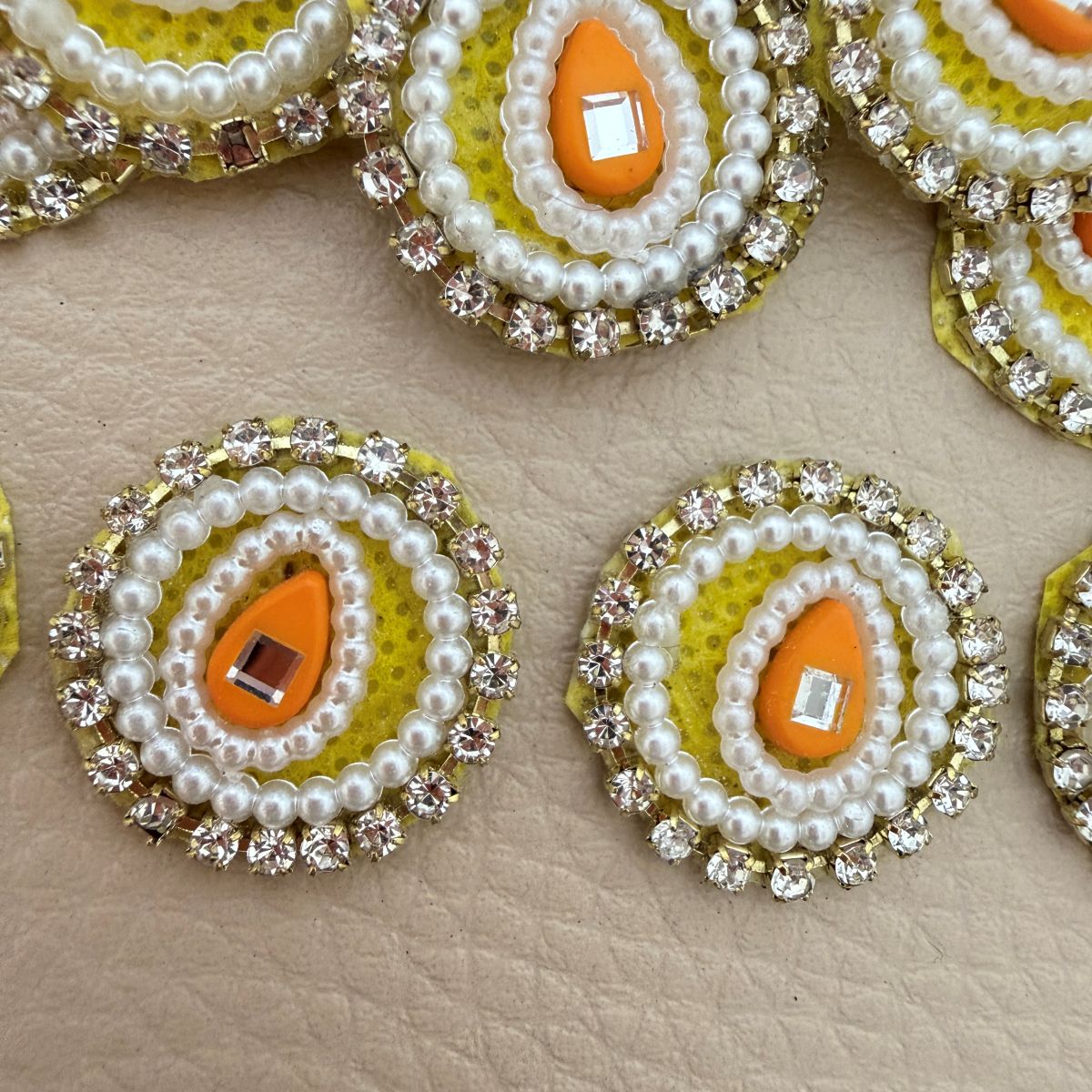 Handmade Round Pearl & Rhinestone Motifs Patch – Orange – Pack of 25