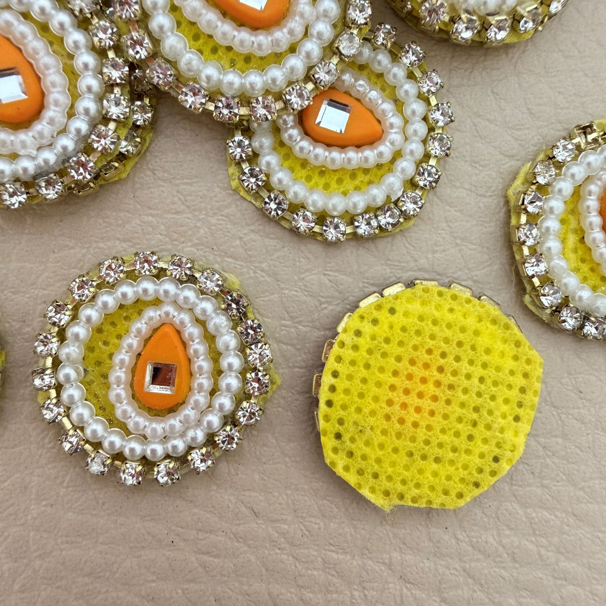 Handmade Round Pearl & Rhinestone Motifs Patch – Orange – Pack of 25