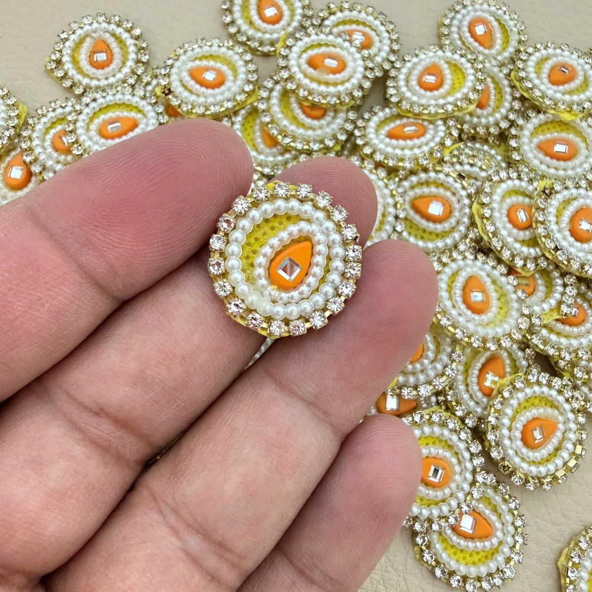 Handmade Round Pearl & Rhinestone Motifs Patch – Orange – Pack of 25
