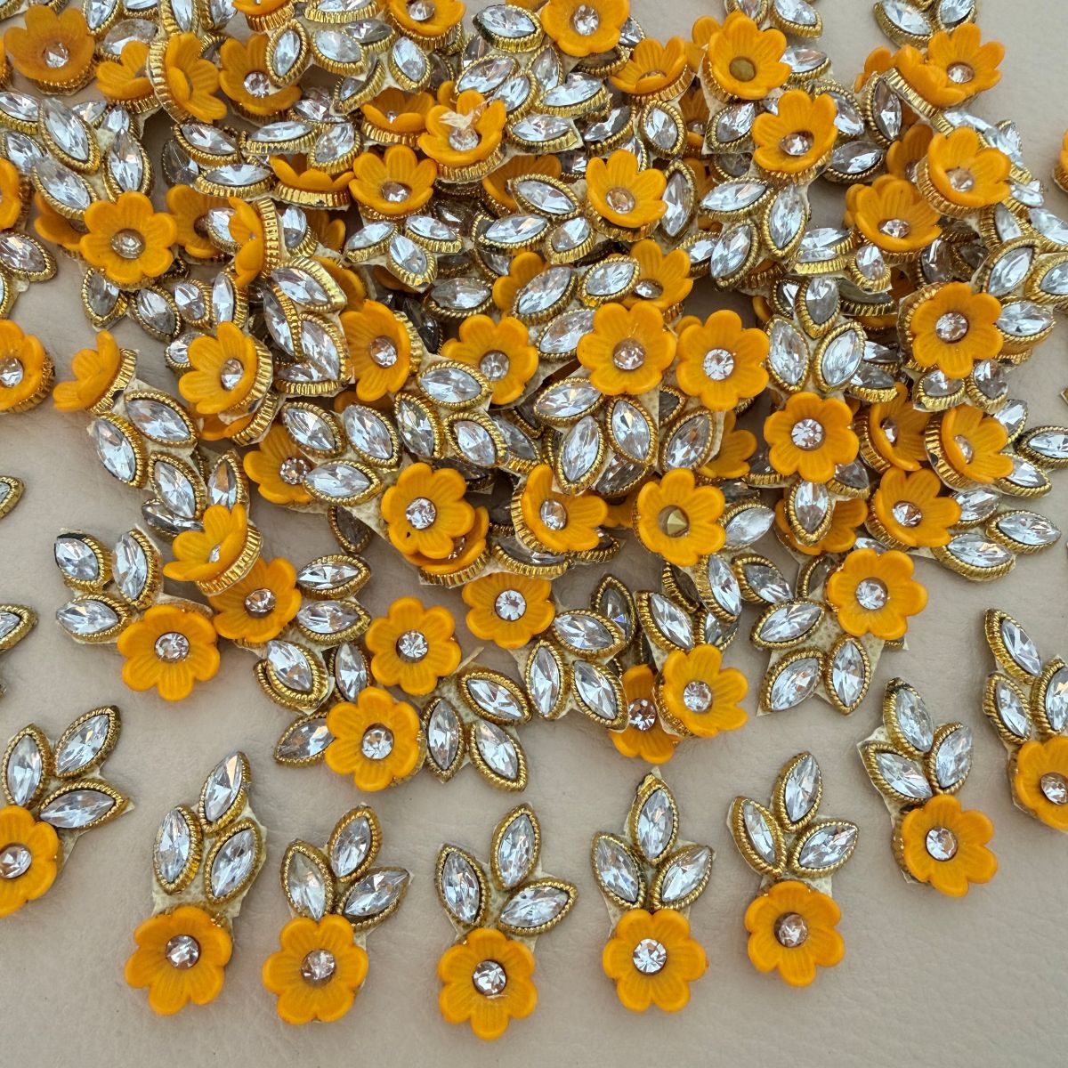 Flower & Crystal Leaf Rhinestone Patch | Yellow Floral Appliqué