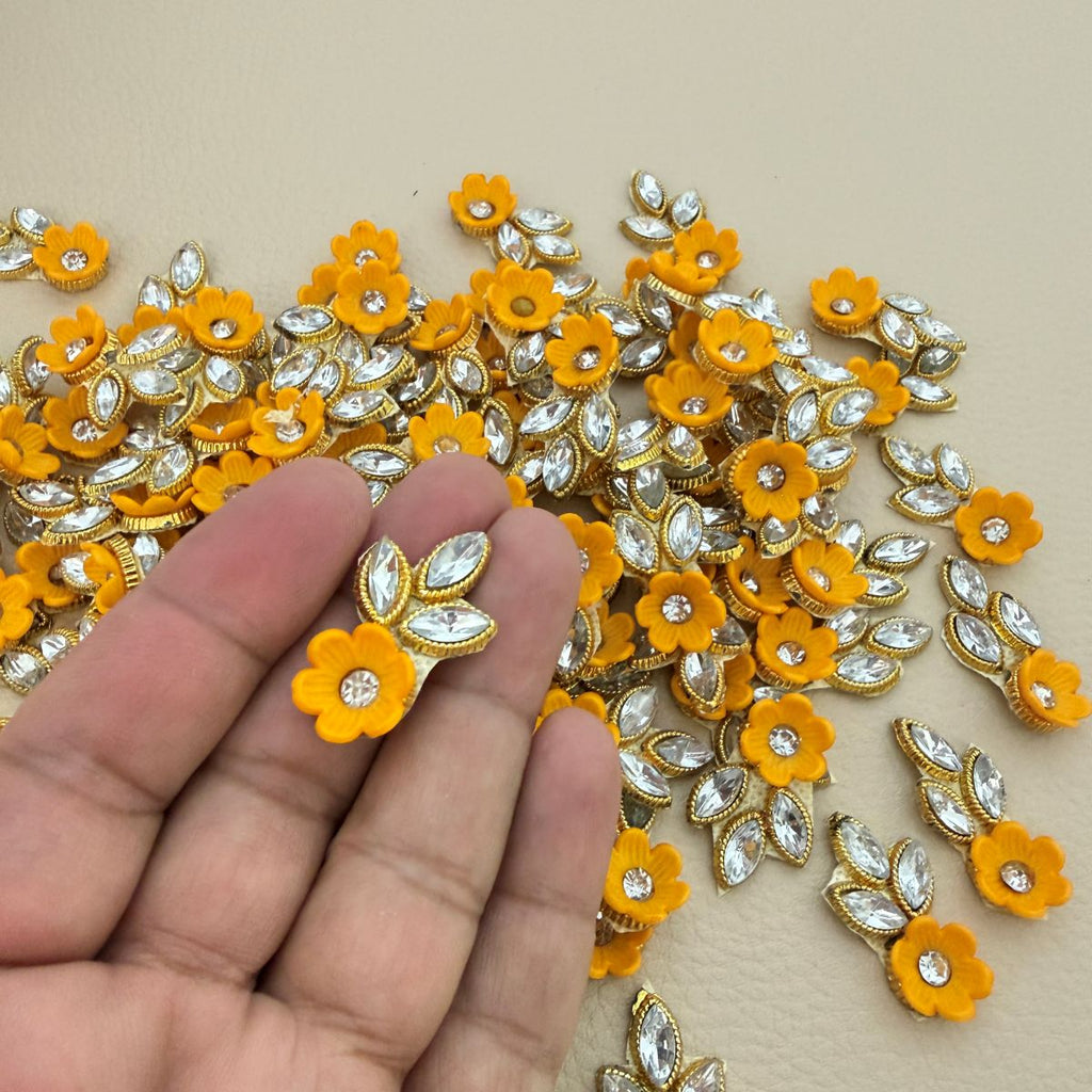 Flower & Crystal Leaf Rhinestone Patch | Yellow Floral Appliqué