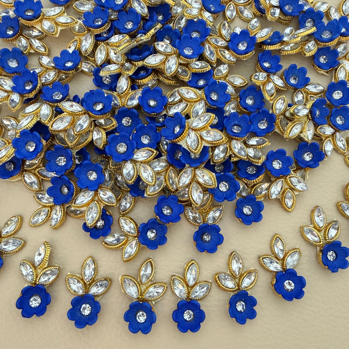 Flower & Crystal Leaf Rhinestone Patch | Royal Blue Floral Appliqué