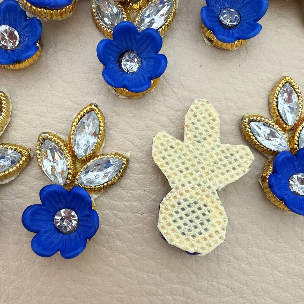 Flower & Crystal Leaf Rhinestone Patch | Royal Blue Floral Appliqué