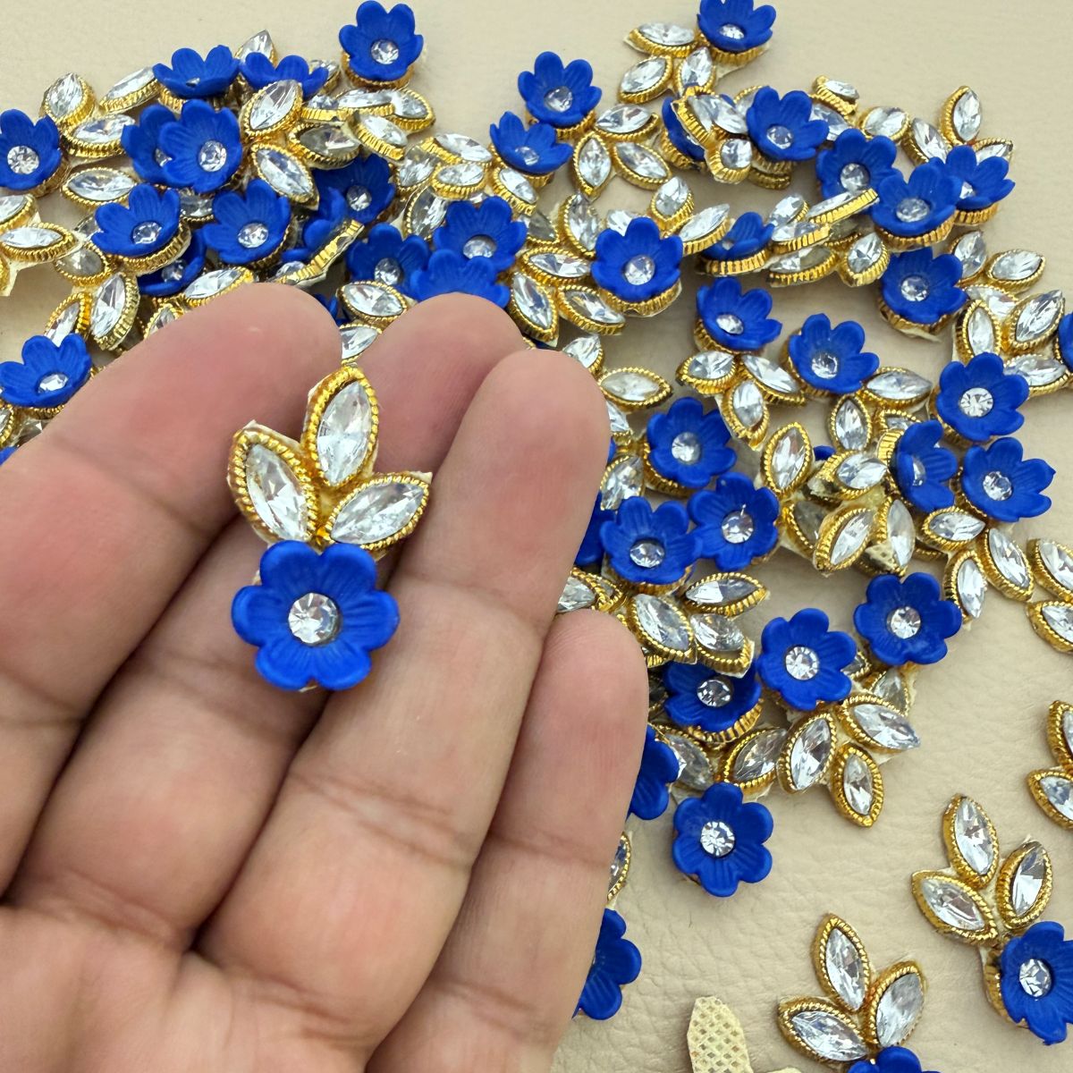 Flower & Crystal Leaf Rhinestone Patch | Royal Blue Floral Appliqué