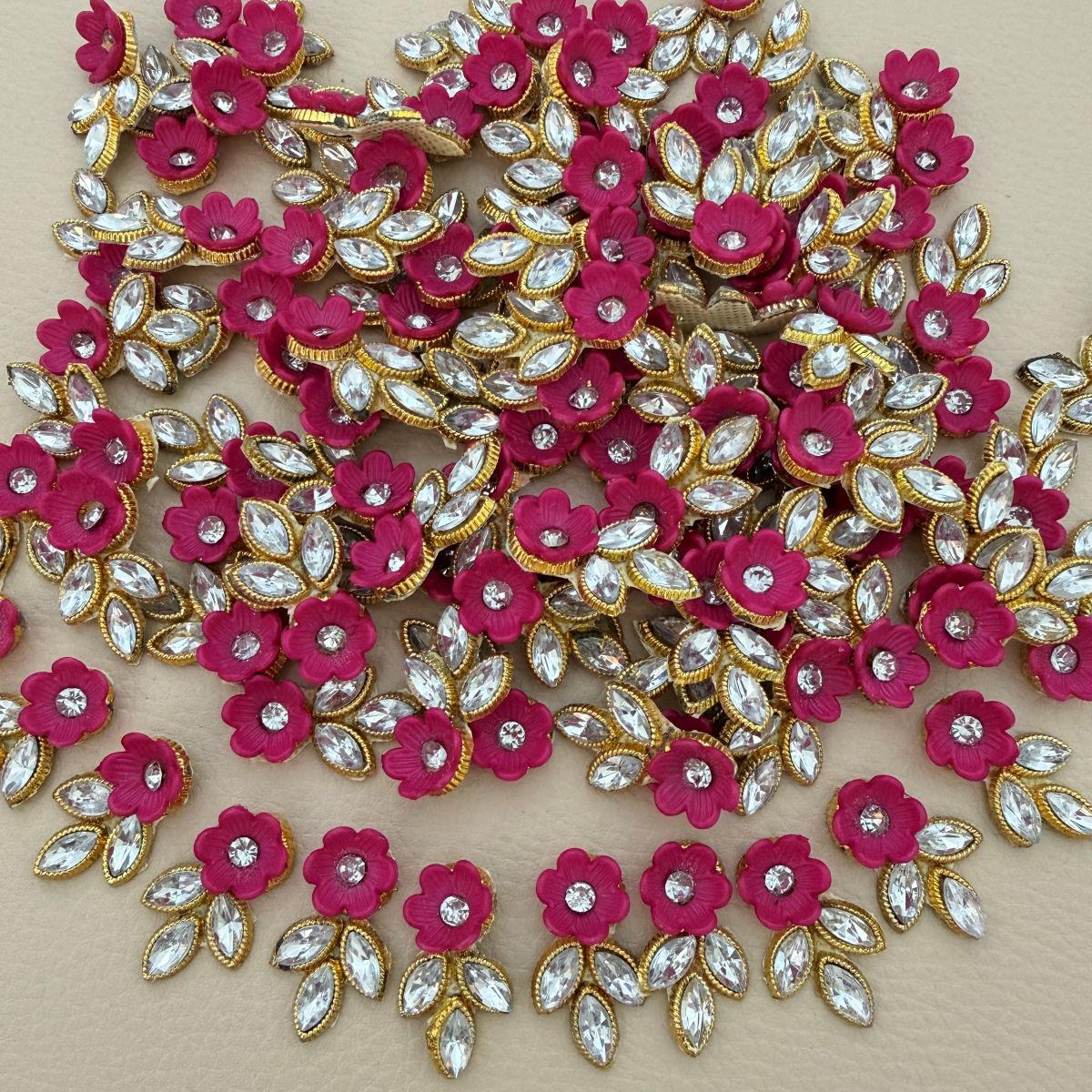 Hot Pink Gold Zari Crystal Leaf Floral Applique Patches – Pack of 25