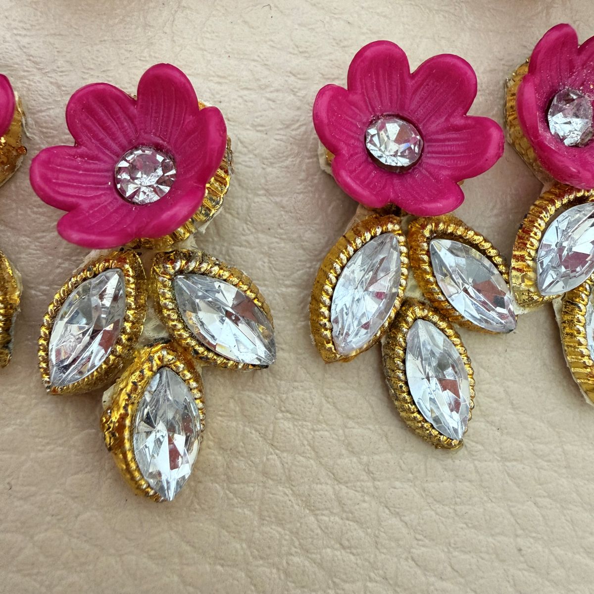Hot Pink Gold Zari Crystal Leaf Floral Applique Patches – Pack of 25