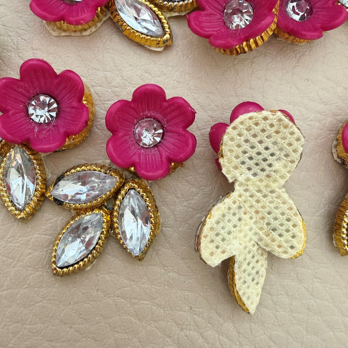 Hot Pink Gold Zari Crystal Leaf Floral Applique Patches – Pack of 25