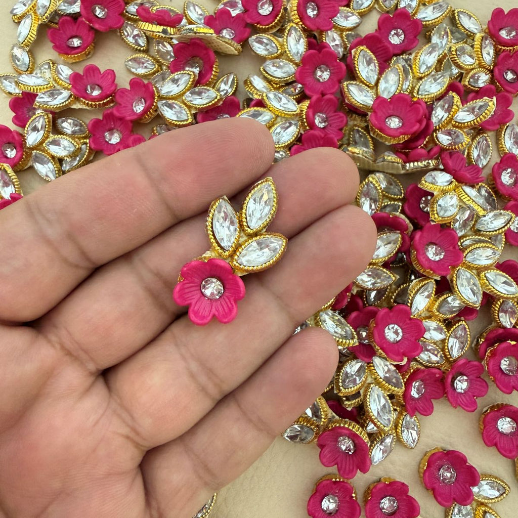 Hot Pink Gold Zari Crystal Leaf Floral Applique Patches – Pack of 25