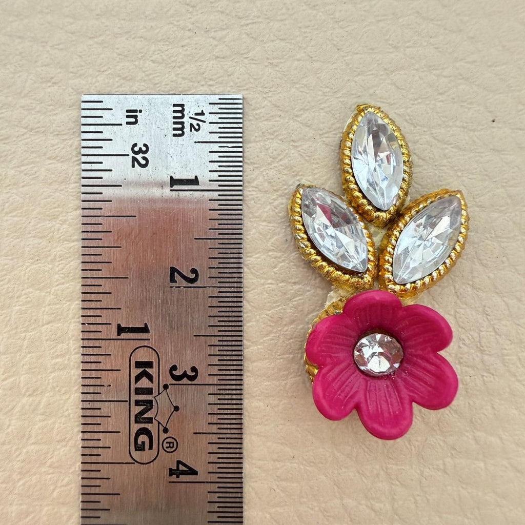 Hot Pink Gold Zari Crystal Leaf Floral Applique Patches – Pack of 25