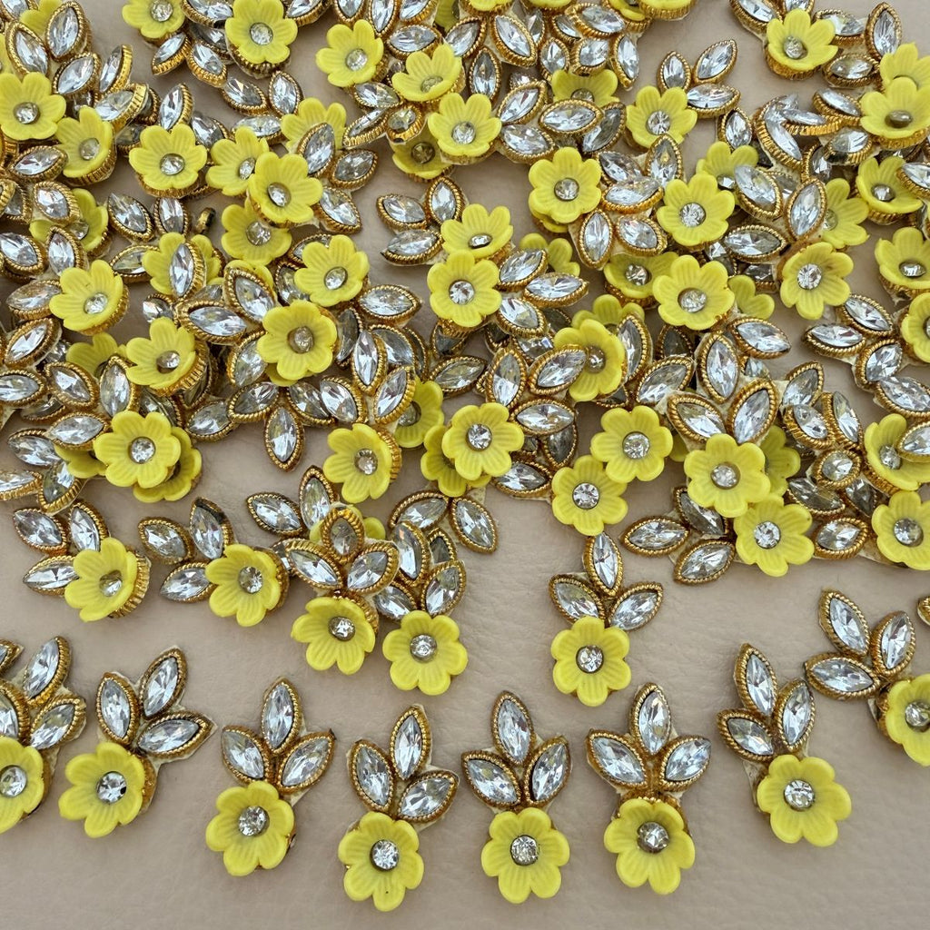 Yellow Gold Zari Crystal Leaf Floral Applique Patches – Pack of 25