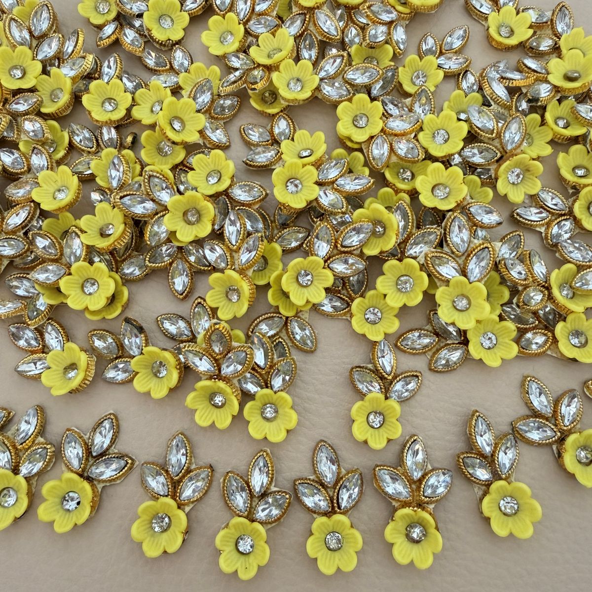 Yellow Gold Zari Crystal Leaf Floral Applique Patches – Pack of 25