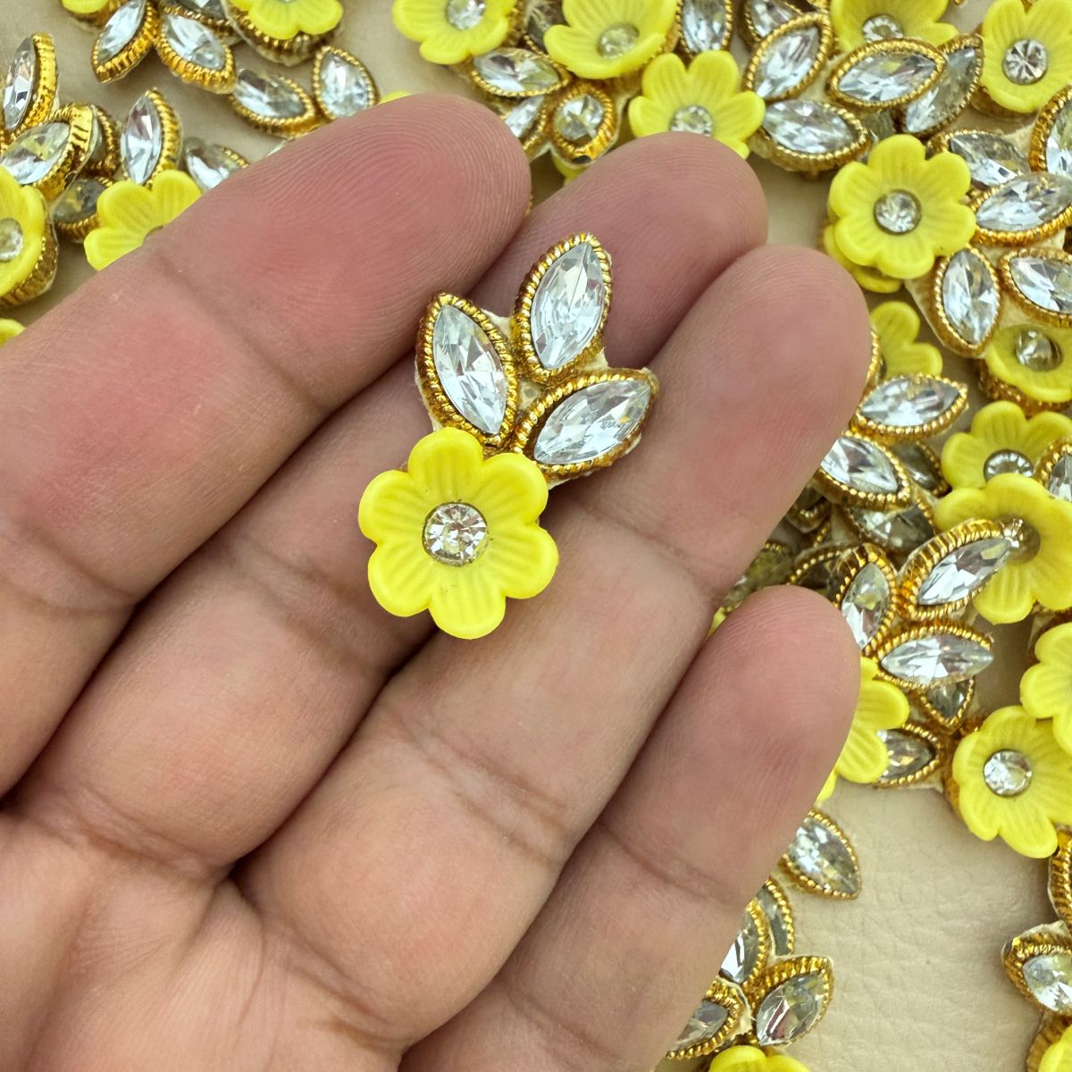 Yellow Gold Zari Crystal Leaf Floral Applique Patches – Pack of 25
