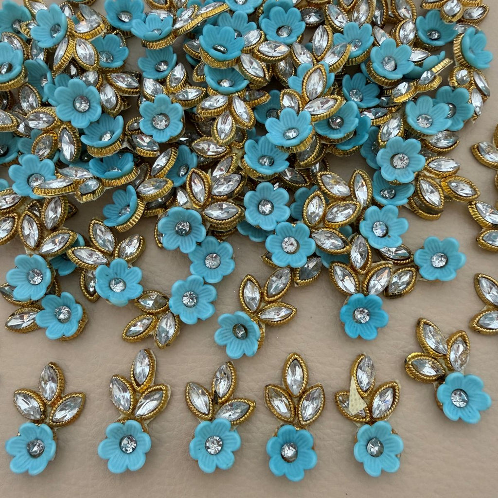 Sky Blue Gold Zari Crystal Leaf Floral Applique Patches – Pack of 25