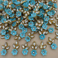 Sky Blue Gold Zari Crystal Leaf Floral Applique Patches – Pack of 25