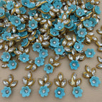 Sky Blue Gold Zari Crystal Leaf Floral Applique Patches – Pack of 25