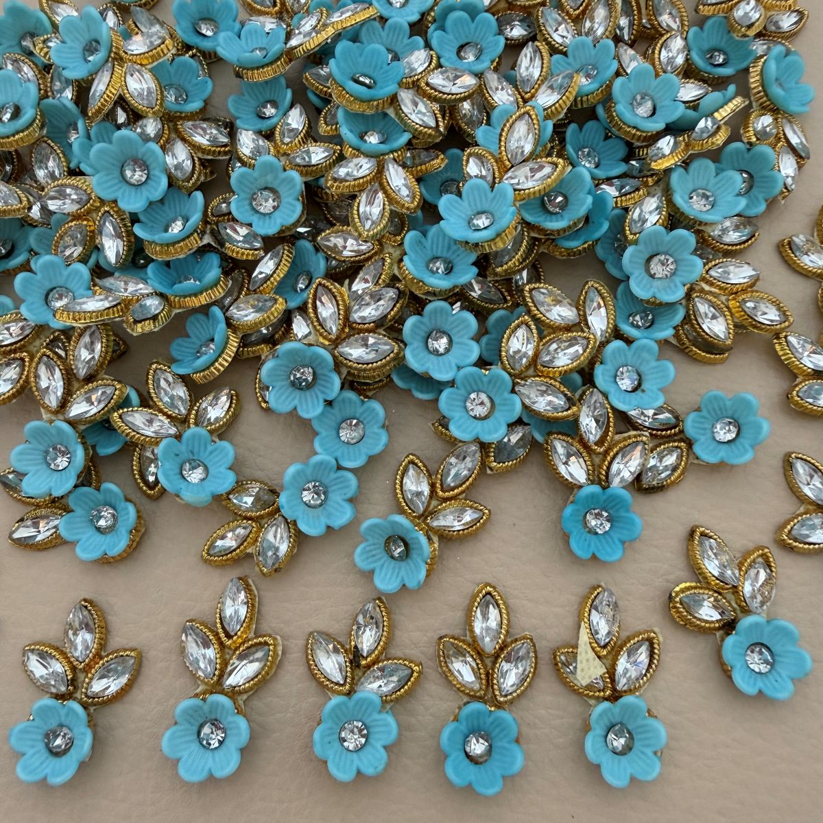 Sky Blue Gold Zari Crystal Leaf Floral Applique Patches – Pack of 25