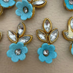 Sky Blue Gold Zari Crystal Leaf Floral Applique Patches – Pack of 25