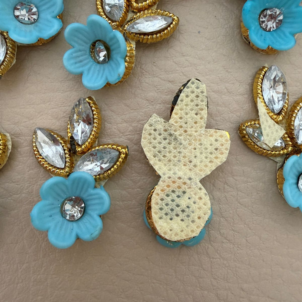 Sky Blue Gold Zari Crystal Leaf Floral Applique Patches – Pack of 25