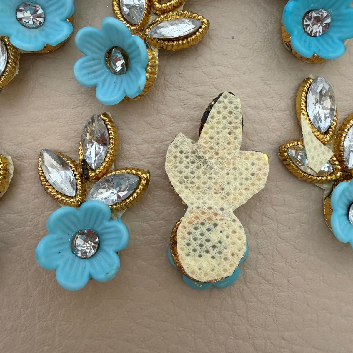 Sky Blue Gold Zari Crystal Leaf Floral Applique Patches – Pack of 25