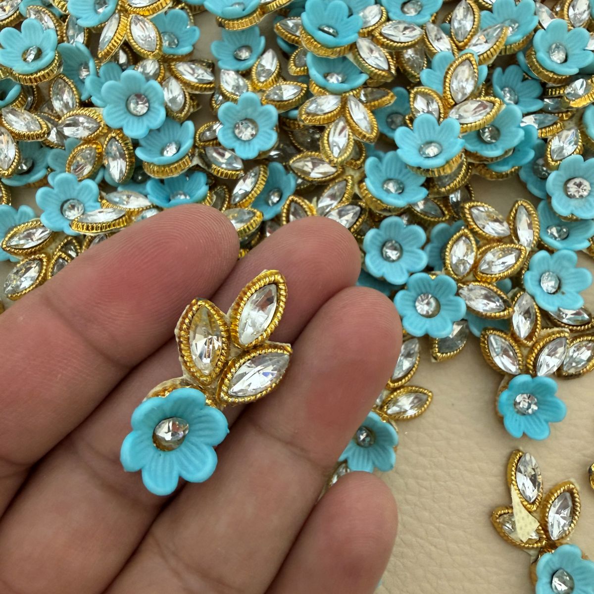 Sky Blue Gold Zari Crystal Leaf Floral Applique Patches – Pack of 25