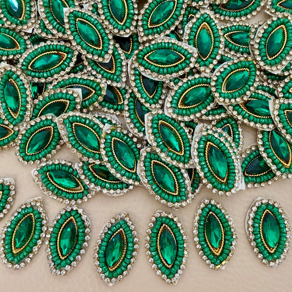 Emerald Green Beaded Rhinestone Patch – Hand-Embellished Sew-On Motif