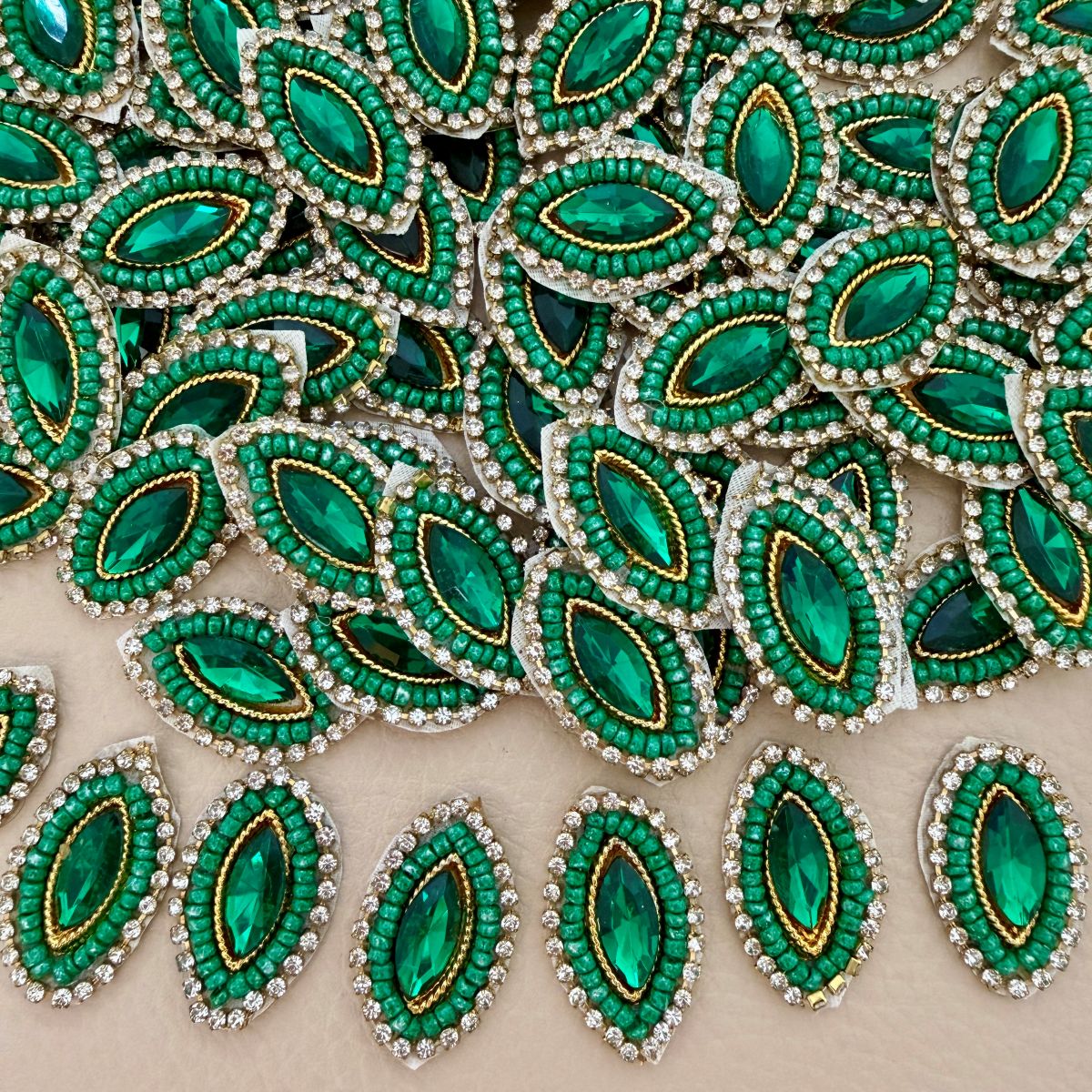 Emerald Green Beaded Rhinestone Patch – Hand-Embellished Sew-On Motif