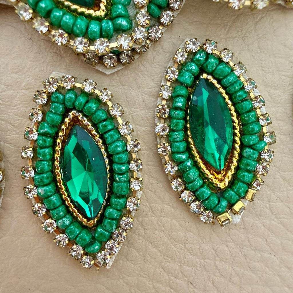 Emerald Green Beaded Rhinestone Patch – Hand-Embellished Sew-On Motif