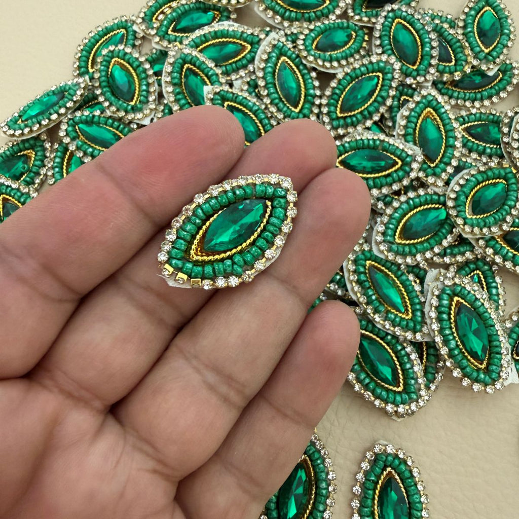 Emerald Green Beaded Rhinestone Patch – Hand-Embellished Sew-On Motif